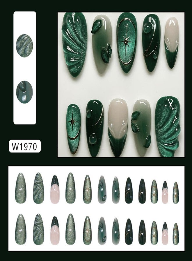 BSBTBZ 24Pcs Green Press on Nails Medium Almond Fake Nails with Green Ripple French Cat Eye Design Handmade Stick on Nails Glitter Full Cover Artificial Nails for Women DIY Manicure Daily Wear - Image 2
